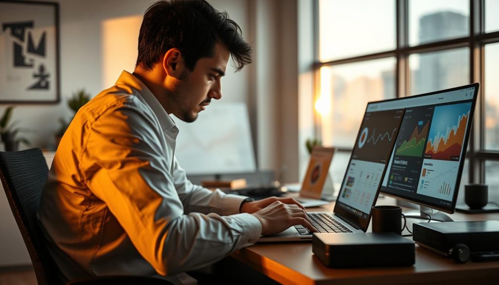A YouTube SEO specialist sitting at a desk, intently focused on a laptop screen, surrounded by various tech devices and analytics charts. The lighting is warm and natural, casting a subtle glow across the scene. The specialist's face is partially obscured, conveying deep concentration. The background is a clean, modern office space, with minimalist decor and a large window overlooking a cityscape. The overall atmosphere is one of professionalism, expertise, and the pursuit of digital marketing success.