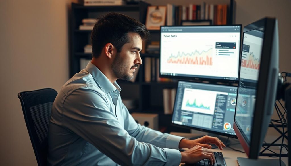 A YouTube SEO specialist sitting at a desk, intently studying analytics and keyword data on multiple monitors. The scene is lit by the warm glow of the computer screens, casting a focused, professional atmosphere. The specialist is dressed in a crisp button-down shirt, their brow furrowed in concentration as they navigate the intricate world of YouTube optimization. Behind them, a bookshelf filled with marketing and SEO resources hints at their deep expertise. The composition is framed by a modern, minimalist office environment, conveying a sense of dedication and expertise in the field of YouTube SEO.