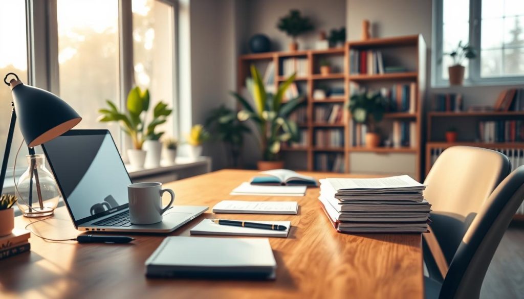 A blogging desk in a modern, bright home office setting. Warm, natural light filters through large windows, casting a soft glow on the workspace. On the desk, a laptop, a cup of coffee, and a stack of notepads and pens suggest an active content creation process. Bookshelves line the walls, hinting at the breadth of knowledge supporting the content strategy. The atmosphere is focused yet relaxed, with plants and minimal decor adding a sense of tranquility. The camera angle captures the desk in the foreground, with the rest of the office visible in the background, emphasizing the centrality of blogging to the content marketing approach.