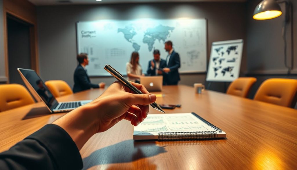 A boardroom table with a laptop, pen, and notepad, illuminated by warm overhead lighting. In the foreground, a hand holds a pen, poised to outline a content marketing strategy. Behind it, a team of marketers collaborates, examining charts and discussing ideas. The background features a whiteboard with scribbled notes and a world map, conveying the global nature of the planning. Soft shadows and a sense of focused intensity create a professional, well-organized atmosphere.