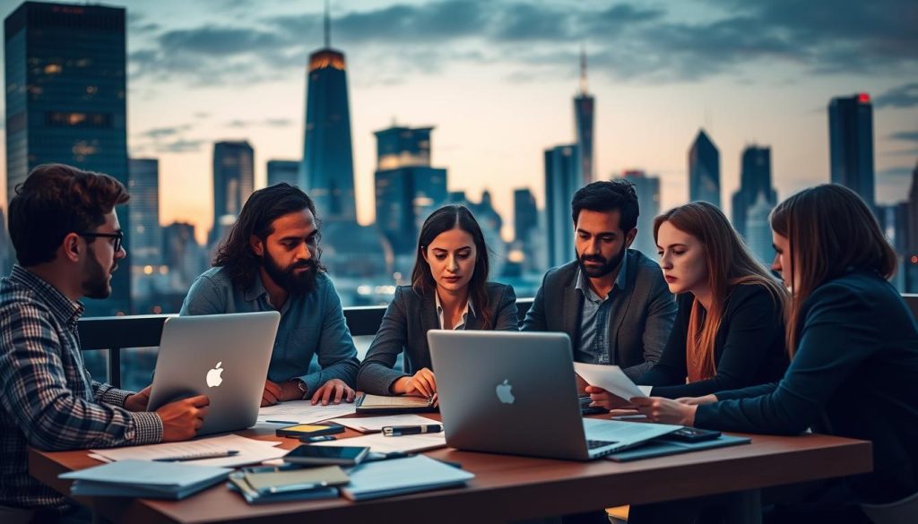 A bustling city skyline at dusk, with skyscrapers and office buildings in the background. In the foreground, a team of diverse professionals – a software developer, a content creator, a marketing manager, and a social media strategist – are gathered around a table, deep in discussion. Their expressions convey a mix of frustration and determination as they grapple with the challenges of localization, evident in the scattered notes, laptops, and reference materials on the table. The scene is illuminated by warm, golden lighting, creating a sense of focus and intensity. The lens is slightly wide-angled, capturing the scale of the city and the intimacy of the team's collaboration.