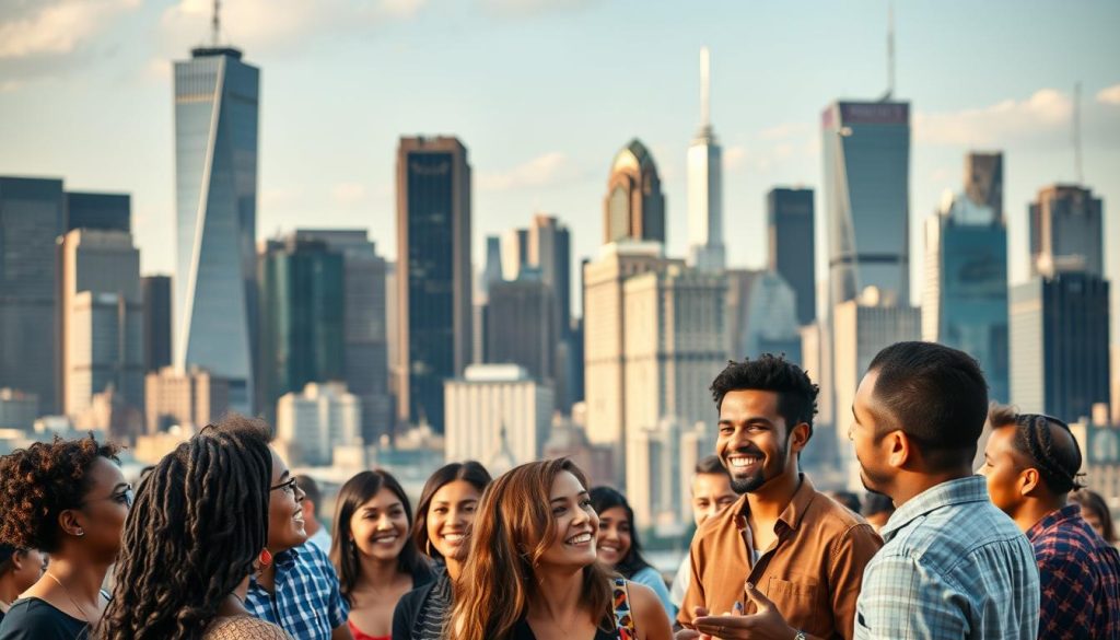 A bustling city skyline, with towering skyscrapers and a vibrant energy. In the foreground, a group of people from diverse backgrounds engaged in lively conversation, their expressions animated and their body language open. The lighting is warm and natural, casting a soft glow over the scene. The camera angle is slightly elevated, giving a bird's-eye view of the "people, not brands" approach to content marketing, where the focus is on genuine human connection and storytelling, rather than overt product placement or branding. The overall mood is one of collaboration, creativity, and a sense of community.