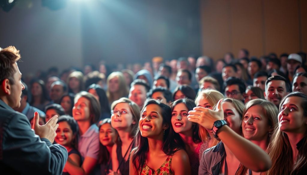 A bustling crowd of diverse individuals, their faces alight with rapt attention, captivated by the vibrant, dynamic presentation unfolding before them. In the foreground, a warm, soft spotlight illuminates the stage, casting a glow on the presenter who gestures with enthusiasm, engaging the audience. In the middle ground, rows of eager viewers lean forward, their eyes fixed on the scene, their expressions reflecting a sense of excitement and anticipation. The background fades into a hazy, out-of-focus blur, creating a sense of depth and focus on the central action. The overall mood is one of dynamic energy, heightened engagement, and a palpable connection between the presenter and the captivated audience.
