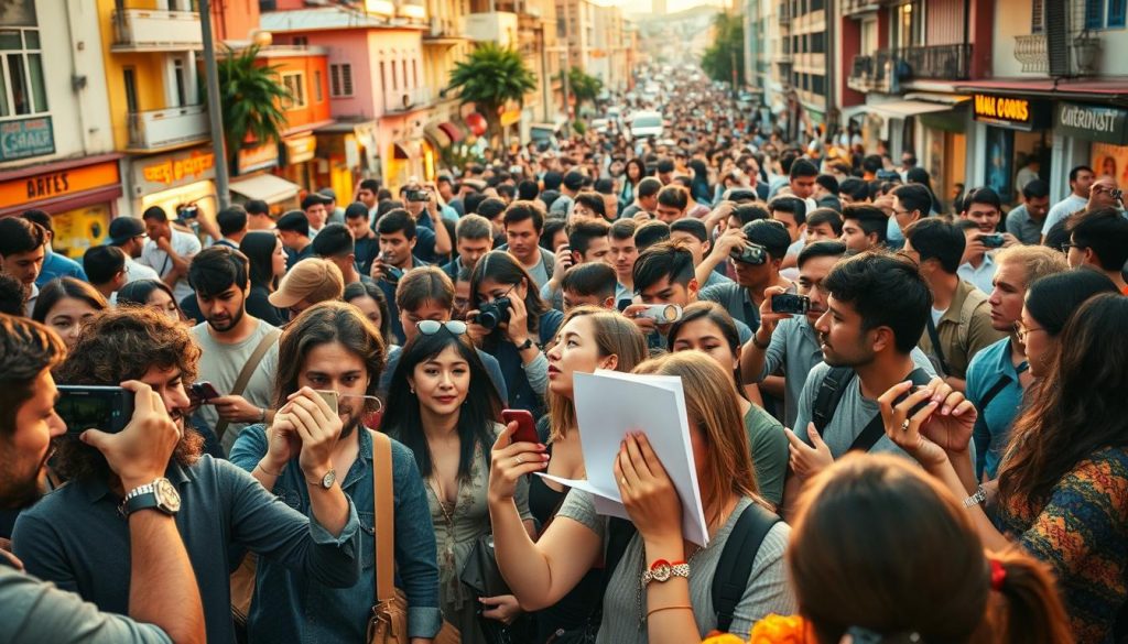 A bustling crowd of diverse people engaged in various creative pursuits, capturing user-generated content through their smartphones, laptops, and cameras. The foreground features individuals snapping photos, recording videos, and sketching their surroundings, while the middle-ground showcases a mix of digital and analog content creation tools. The background is a vibrant, urban landscape filled with colorful buildings, bustling streets, and a warm, golden-hour glow that casts a creative, collaborative atmosphere over the scene. The lighting is soft and diffused, creating a sense of depth and capturing the energy and dynamism of this user-generated content hub.