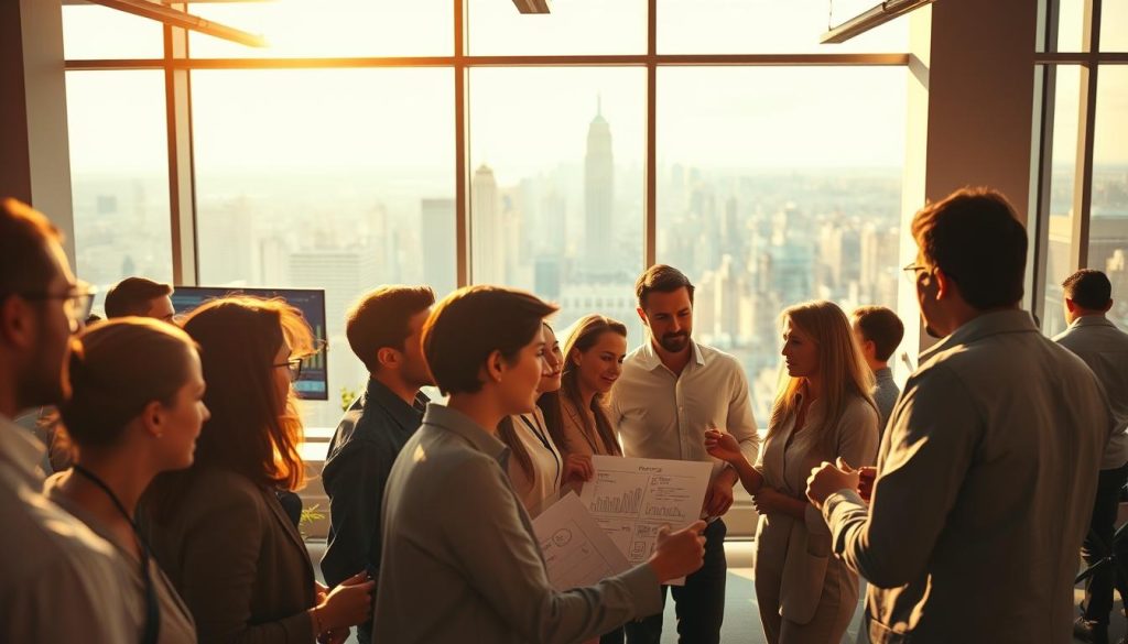 A bustling office scene captured through a wide-angle lens, illuminated by warm natural light filtering in from large windows. In the foreground, a team of focused professionals collaborating on a content marketing strategy, their expressions animated as they brainstorm ideas on a digital whiteboard. The middle ground showcases a dynamic flow of information, with screen displays highlighting key metrics and data visualizations. In the background, a panoramic view of the city skyline serves as a backdrop, symbolizing the expansive potential of content marketing to drive lead generation. The overall atmosphere conveys a sense of creative energy, strategic thinking, and a deep commitment to leveraging content to achieve business success.