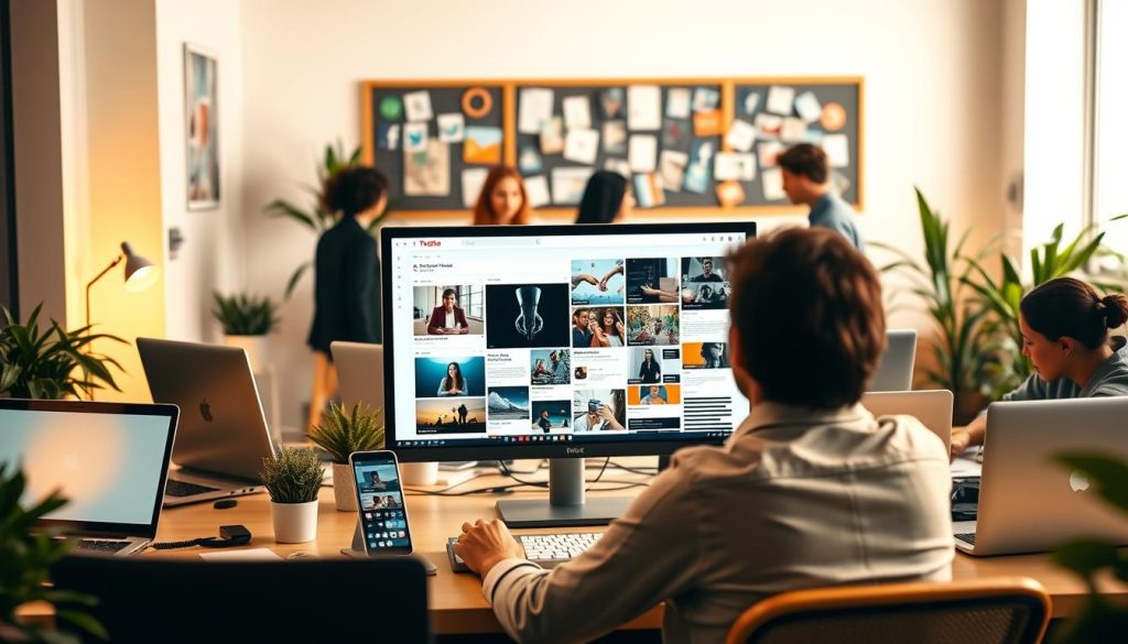 A bustling office scene, filled with laptops, phones, and a bulletin board showcasing various social media icons. In the foreground, a person carefully arranges and repurposes content, their screen displaying a collage of blog posts, videos, and graphics. The middle ground features a team collaborating, brainstorming ideas and strategizing content distribution. The background is a softly lit workspace, with plants and minimalist decor creating a modern, productive atmosphere. Warm lighting casts a gentle glow, emphasizing the focus and dedication of the content repurposing process. The overall scene conveys the importance of efficient content distribution and the collaborative efforts required to maximize the reach and impact of marketing content.