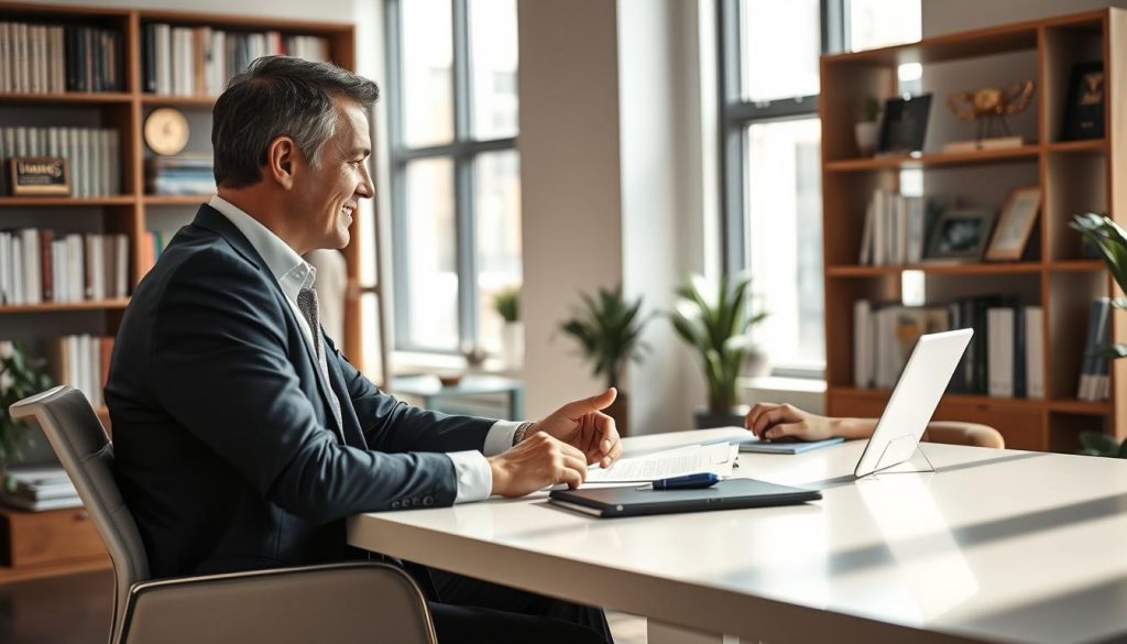 A bustling office scene with a financial advisor engaging with a potential client. In the foreground, the advisor sits at a sleek, modern desk, leaning forward attentively, a warm smile on their face as they discuss financial strategies. The client, poised and attentive, leans in, their expression one of deep consideration. Soft, natural lighting filters through large windows, casting a soothing glow on the scene. In the background, a bookshelf filled with financial publications and awards allude to the advisor's expertise. The atmosphere exudes professionalism, trust, and a shared sense of purpose in securing the client's financial future.