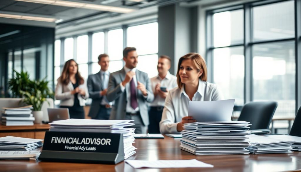 A bustling office scene, with a financial advisor's desk in the foreground, adorned with a nameplate and surrounded by stacks of documents. In the middle ground, a team of professionals engaged in animated discussions, their expressions eager and attentive. The background showcases a sleek, modern office environment, with floor-to-ceiling windows bathed in soft, natural light. The overall atmosphere conveys a sense of professionalism, productivity, and the pursuit of qualified leads for the financial advisor's services.
