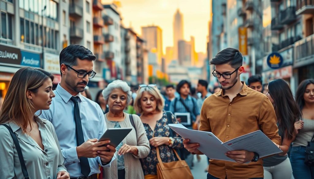 A busy urban street, bustling with diverse individuals representing a cross-section of potential real estate investors. In the foreground, a well-dressed professional examining a tablet, an older couple discussing investment options, and a young entrepreneur contemplating a property brochure. The middle ground reveals a mix of residential and commercial buildings, with signage and architectural details hinting at the varied real estate opportunities. In the background, a vibrant city skyline sets the scene, illuminated by warm, golden lighting that conveys an atmosphere of opportunity and growth. The image captures the dynamic nature of the real estate target audience, showcasing the diverse demographics and interests that a savvy investor must consider.
