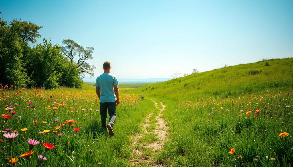 A calm, serene scene of a person standing in a lush, verdant meadow, surrounded by vibrant wildflowers and a clear, azure sky. The figure, illuminated by soft, diffused natural light, exudes a sense of inner peace and trustworthiness. In the middle ground, a path winds through the scene, leading the viewer's gaze towards a distant, hazy horizon. The overall composition conveys a feeling of tranquility, authenticity, and a connection to the natural world, symbolizing the trustworthiness and reliability of the content being presented.