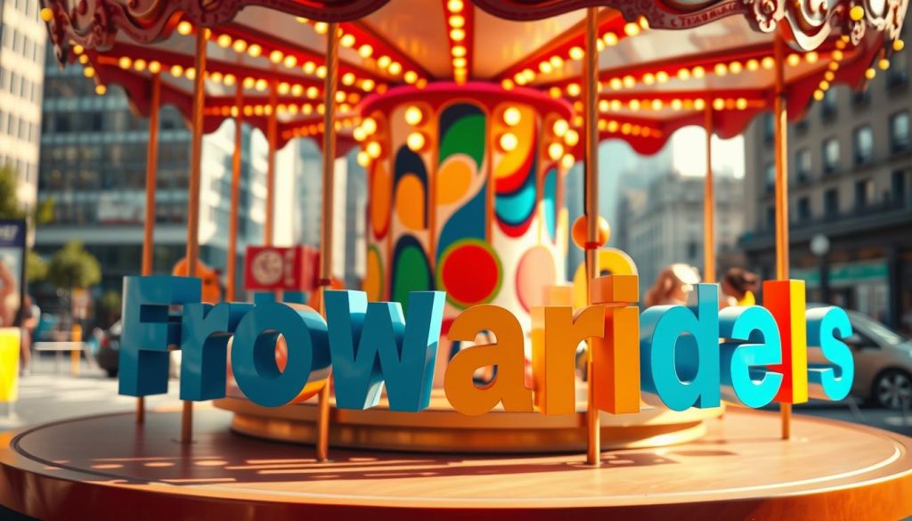 A carousel of whimsical, lively advertisements showcasing a variety of products. The foreground features creative, bold typography and graphic elements in vibrant colors that capture the viewer's attention. The middle ground depicts a dynamic carousel backdrop, with spinning, colorful shapes and patterns that add movement and energy. The background is a soft, blurred urban cityscape, providing a contemporary, cosmopolitan setting. The lighting is warm and inviting, creating a sense of warmth and approachability. The overall mood is playful, engaging, and designed to inspire and captivate the viewer, reflecting the dynamic nature of effective carousel ad copy.
