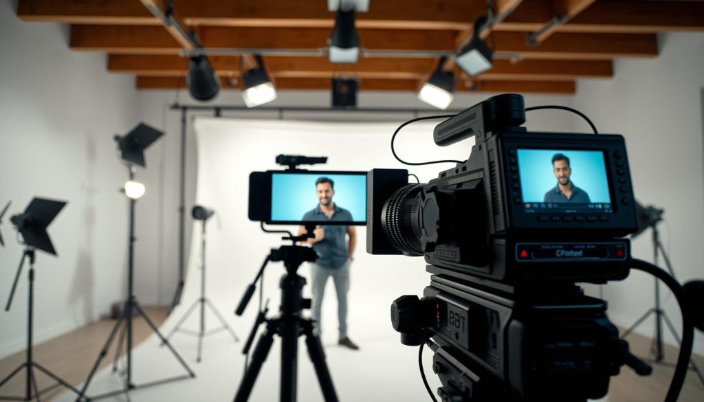 A cinematic, well-lit video promotion scene set in a modern, minimalist studio. In the foreground, a professional camera with a wide-angle lens captures a charismatic influencer recording a dynamic, engaging video message. The influencer is surrounded by thoughtfully placed video equipment, including a high-quality microphone and lighting rigs, creating a polished, high-production-value atmosphere. The middle ground features a clean, white backdrop, allowing the subject to stand out. In the background, subtle, abstract motion graphics and visual effects subtly complement the video theme, hinting at the digital, online nature of the promotion. The overall mood is one of professionalism, creativity, and the power of video to captivate an audience.