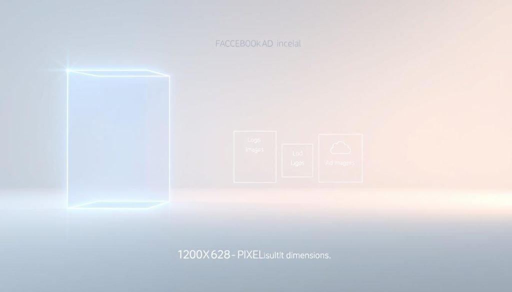 A clean and minimalist illustration showcasing the ideal Facebook ad graphic dimensions, set against a neutral backdrop. The foreground features a holographic, wireframe cube representing the 1200x628 pixel layout, its edges glowing with a subtle, ethereal light. The middle ground contains a set of smaller, transparent cubes outlining the recommended dimensions for ad images, logos, and other elements. The background is a softly blurred gradient, providing a sense of depth and focus on the central composition. The overall aesthetic is one of modern, digital simplicity, conveying the technical precision required for effective Facebook ad graphics.