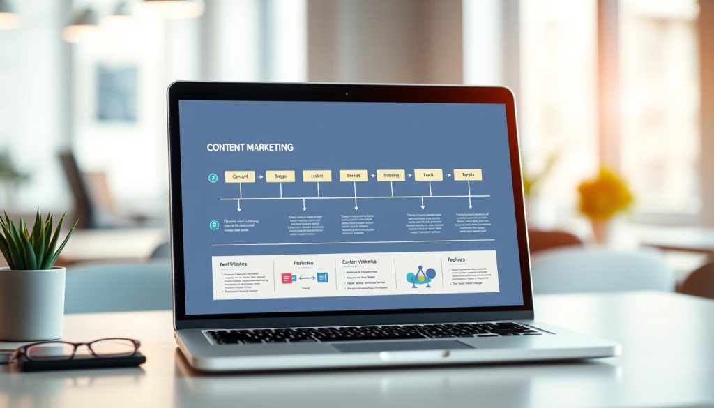 A clean and modern content marketing automation workflow diagram displayed on a laptop screen, set against a softly blurred office backdrop. The workflow is illustrated with distinct stages, icons, and arrows, rendered in a minimalist, infographic style using a vibrant color palette. The composition is arranged with a sense of balance and visual hierarchy, guiding the viewer's attention to the key elements. Soft, directional lighting creates depth and highlights the digital interface, while a shallow depth of field keeps the background pleasantly out of focus. The overall mood is one of efficiency, organization, and the power of automated marketing processes.