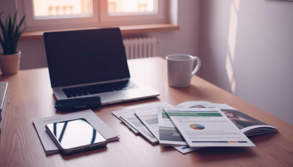 A clean, minimalist office setting with a laptop, smartphone, and coffee mug on a wooden desk. Soft, warm lighting from a window in the background casts a natural glow. In the foreground, various branded content assets such as whitepapers, ebooks, and social media posts are neatly arranged, representing the lead qualification and nurturing process. The overall atmosphere is one of focus, productivity, and strategic content marketing.