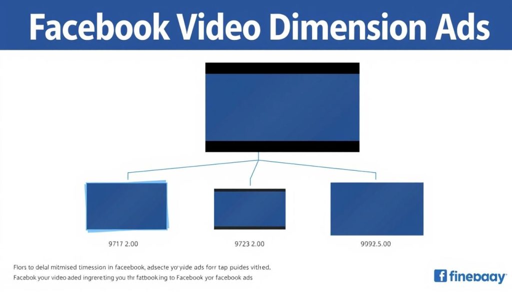 A clean, professionally-designed infographic showcasing the optimal video dimensions for Facebook ads. A large, high-quality video display takes up the central focus, surrounded by a grid of smaller video frames representing various aspect ratios and resolutions. The layout is minimalist, with a white background and subtle use of Facebook's iconic blue and gray tones. The overall impression is one of clarity, authority, and attention to technical detail - perfect for informing advertisers about the specifications they need to create successful video ads on the platform.