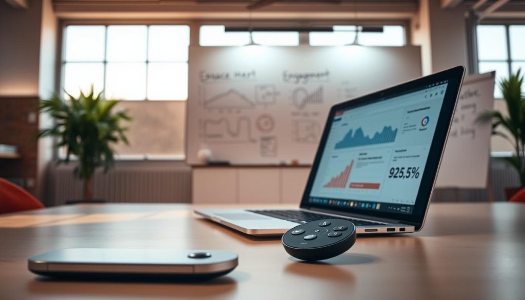 A clean, well-lit office interior with a sleek laptop and various engagement metrics displayed on its screen. In the foreground, a modern wireless presentation remote rests on the desk, suggesting an ongoing webinar or virtual conference. The background features a large whiteboard with handwritten notes and diagrams, creating an atmosphere of productive collaboration. Warm, natural lighting filters in through large windows, casting a subdued glow across the scene. The overall composition conveys a sense of organized productivity and data-driven analysis suited for a professional, tech-savvy audience.