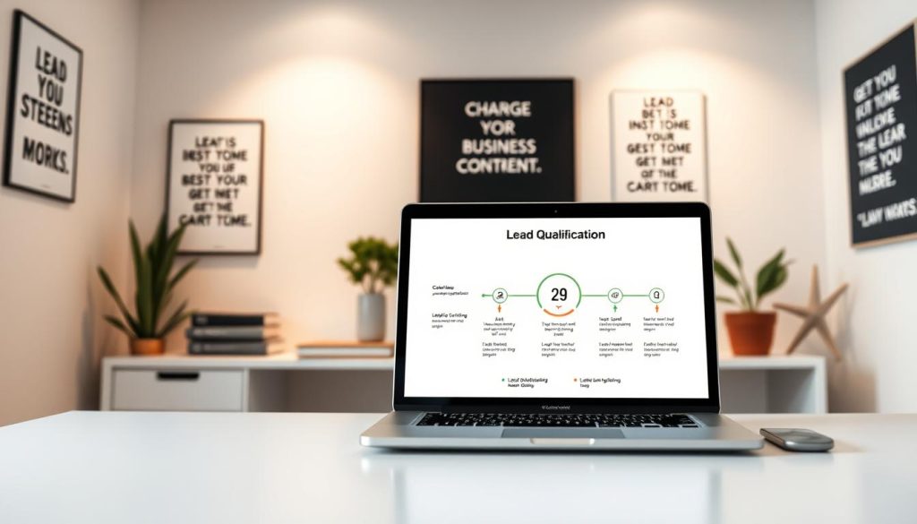 A clean, well-lit office space with a minimalist desk setup. On the desk, a laptop displays a diagram of the lead qualification process, featuring distinct stages such as lead identification, lead scoring, and lead nurturing. The diagram is illustrated using a clean, modern infographic style with clear visual cues. The office walls are adorned with motivational posters and inspirational quotes, conveying a professional, yet creative atmosphere. Soft, diffused lighting casts a warm glow, enhancing the sense of focus and productivity. The overall scene evokes a sense of clarity, organization, and the importance of the lead qualification process in unlocking a business's potential.