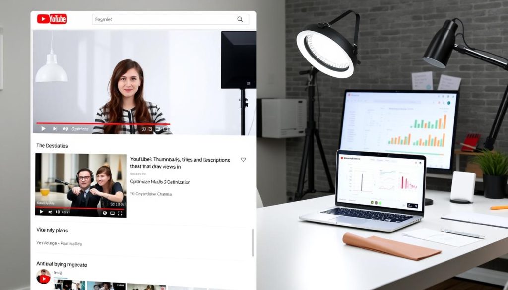 A clean, well-organized YouTube channel with a sleek interface, featuring optimized thumbnails, titles, and descriptions that draw viewers in. A professional-looking studio setup with a ring light, camera, and microphone, capturing the presenter's engaging on-camera presence. In the background, a neatly arranged workstation with a laptop, analytics dashboards, and strategically placed notes, conveying the concept of data-driven optimization. The overall mood is one of efficiency, expertise, and a commitment to delivering high-quality content that resonates with the audience.