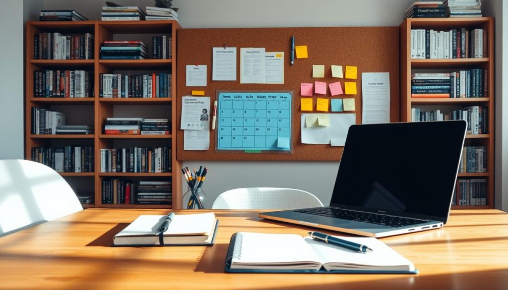 A clean, well-organized workspace with various content marketing elements meticulously arranged. In the foreground, a laptop, a notebook, and a pen sit atop a wooden desk bathed in soft, natural lighting. Behind them, a corkboard displays color-coded sticky notes, a calendar, and a set of markers. In the background, bookshelves filled with marketing guides and industry publications create a sense of depth. The overall atmosphere is one of focused productivity and a commitment to strategic content planning.