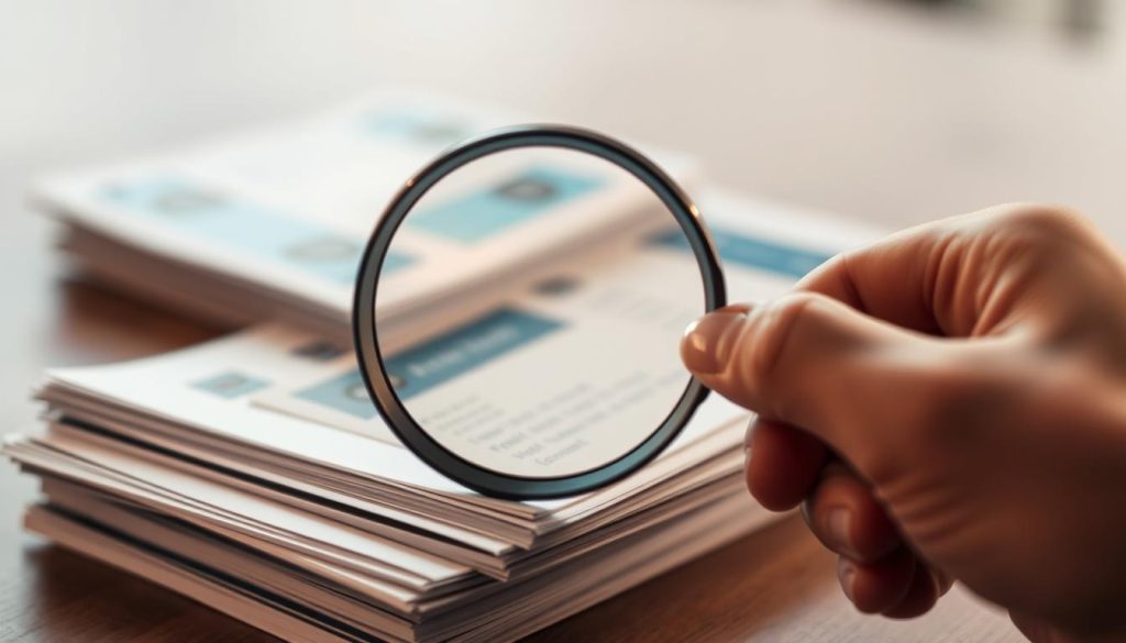 A close-up shot of a hand holding a magnifying glass, examining a stack of business cards and files, representing the process of carefully evaluating and qualifying potential leads in a marketing campaign. The scene is illuminated by soft, warm lighting, creating a pensive, investigative atmosphere. The background is blurred, keeping the focus on the detailed examination of the lead materials. The composition emphasizes the importance of thoroughly understanding and vetting potential customers to ensure sustainable business growth.