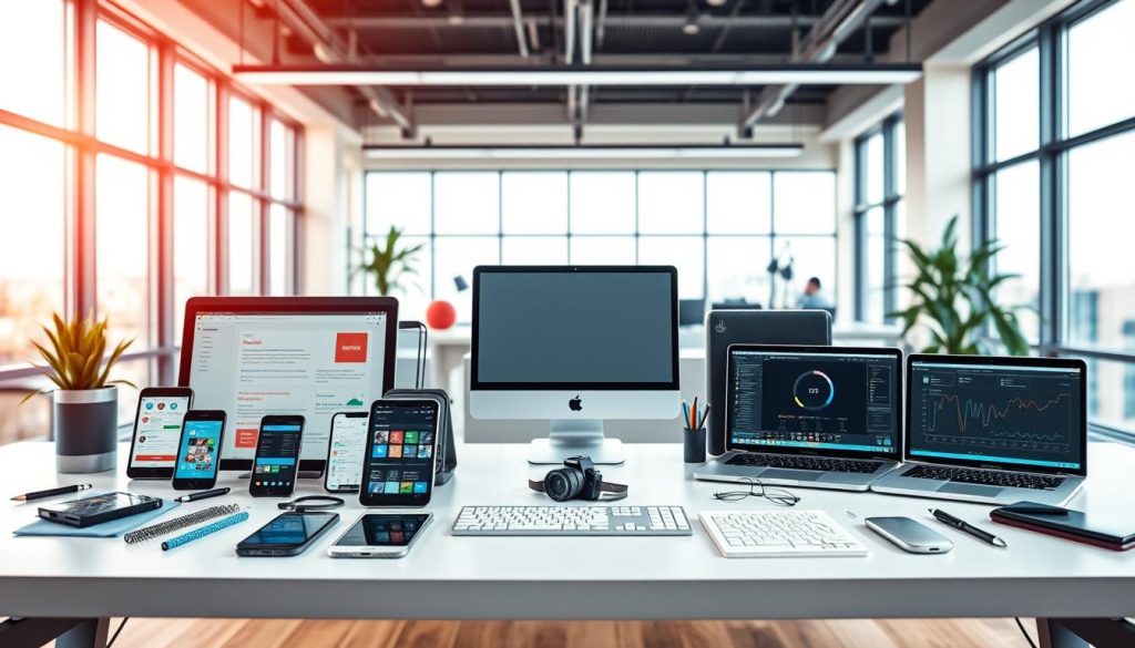 A collection of content marketing tools arranged on a sleek, minimalist desk setup. In the foreground, various digital devices like smartphones, tablets, and laptops are showcased, each representing a different content marketing function - social media, email, analytics, and more. The middle ground features a desktop computer, camera, and other productivity tools, hinting at the behind-the-scenes work of content creation and optimization. The background is a serene, modern office environment with large windows allowing natural light to illuminate the scene, creating a sense of focus and efficiency. The overall mood is one of professionalism, productivity, and the seamless integration of technology into a content marketing workflow.