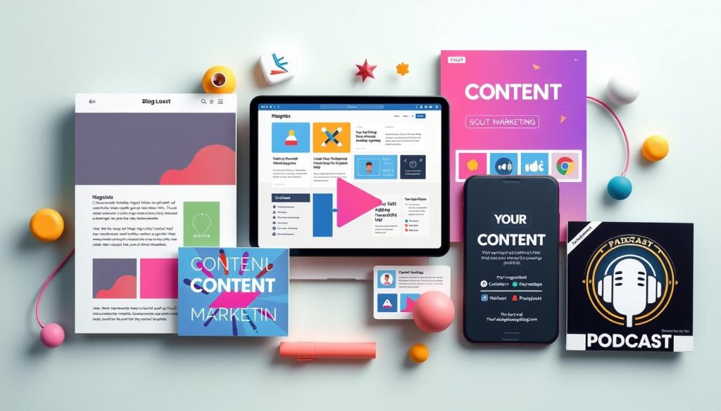 A colorful and dynamic arrangement of various content marketing formats, including a stylish blog post, an engaging video, a vibrant infographic, a captivating social media post, and a compelling podcast cover art. The elements are presented in a clean, minimalist layout against a soft, pastel-toned background, with gentle highlights and shadows to create depth and emphasis. The overall composition conveys a sense of creativity, innovation, and the diverse range of content marketing tools available to modern businesses.