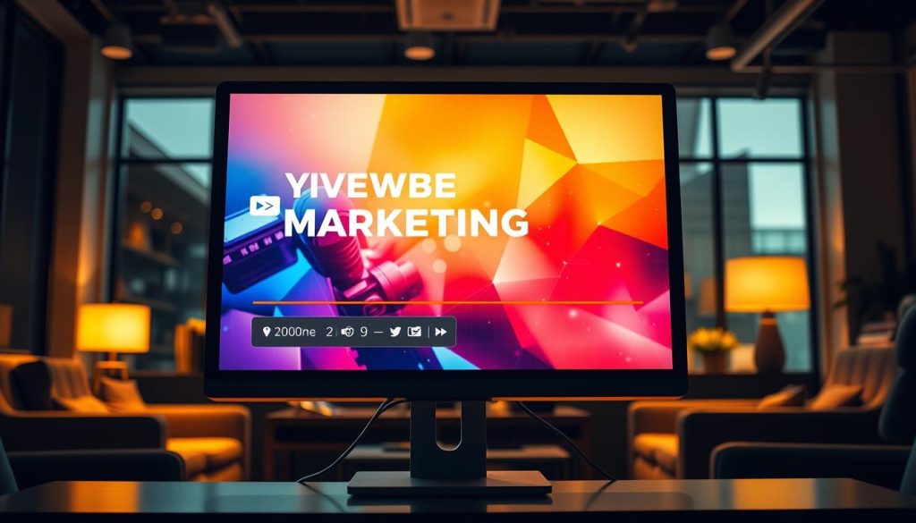 A computer screen displaying a vibrant, visually engaging video marketing presentation, with a professional voiceover narrating the content. The screen is set against a stylish, modern office backdrop, with sleek furniture and tasteful decor. Warm, directional lighting illuminates the scene, casting subtle shadows and highlights to create depth and dimension. The overall atmosphere exudes a sense of creativity, productivity, and the power of visual storytelling in the digital age.