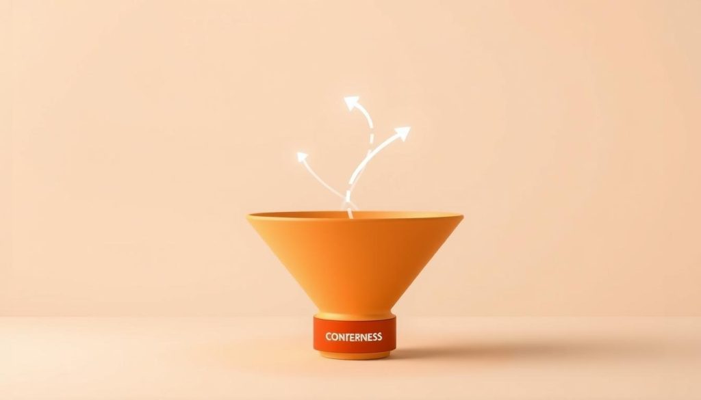 A content marketing funnel with a clear, minimalist design. In the foreground, a simple, stylized funnel shape with distinct stages - Awareness, Interest, Consideration, Conversion. The funnel is rendered in a warm, earthy palette with soft, diffused lighting illuminating the edges. In the middle ground, a fluid, abstract graphic representing the flow of content and leads through the funnel. The background is a clean, neutral space, allowing the funnel and graphic elements to take center stage. The overall atmosphere is one of clarity, simplicity and strategic focus, reflecting the article's subject of using content marketing to generate leads.