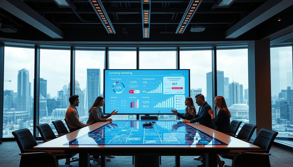 A corporate office interior with a large, expansive window overlooking a bustling city skyline. In the foreground, a sleek, modern conference table with a digital display showcasing various marketing metrics and campaign performance data. Surrounding the table, several employees are engaged in lively discussion, gesturing towards the screen. The lighting is warm and inviting, with a mix of natural light from the window and soft, indirect lighting fixtures. The overall atmosphere exudes a sense of creativity, collaboration, and a data-driven approach to content marketing strategy.