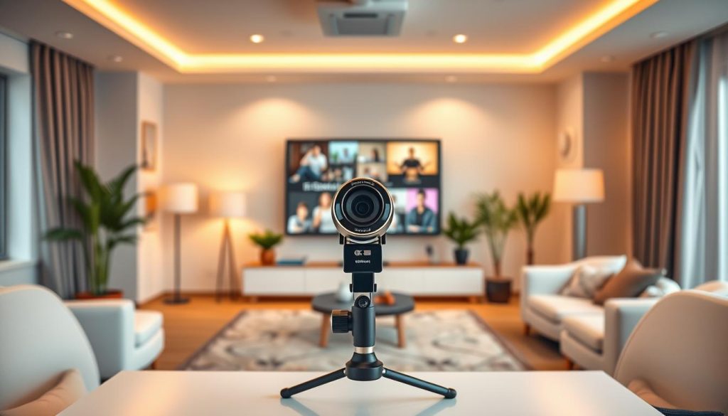 A cozy and inviting webinar studio with warm lighting and a modern, clean design. In the foreground, a high-quality webcam and professional microphone set up on a sleek, minimalist desk. The middle ground showcases a large presentation screen displaying engaging visuals, while the background features neutral-toned walls and tasteful decor, creating a polished and welcoming atmosphere. The overall scene conveys a sense of professionalism, attention to detail, and a focus on delivering valuable content to the audience.