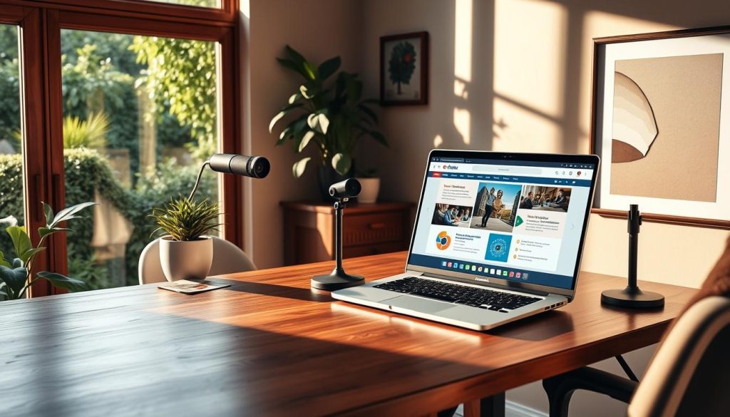 A cozy home office, bathed in warm, natural lighting from a large window overlooking a lush, verdant garden. On the spacious wooden desk, a laptop displays an intricate webinar presentation, its slides showcasing crisp graphics and succinct, impactful text. Beside it, a high-quality microphone and webcam stand ready to capture the presenter's insights. Tasteful decor, including a potted plant and a framed piece of abstract art, lend an air of professionalism and inspiration. The overall atmosphere is one of focused productivity and creative energy, perfect for crafting captivating webinar content.