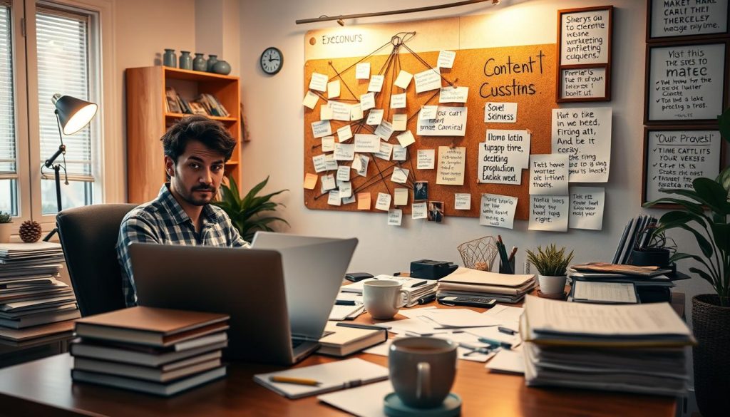 A cozy home office setting, with a person sitting at a desk, surrounded by various content marketing challenges. In the foreground, a laptop, notebooks, and a cup of coffee. In the middle ground, stacks of papers, a jumble of post-it notes, and a confused expression on the person's face. In the background, a corkboard with tangled strings connecting ideas, along with a wall of framed inspirational quotes fighting for attention. Soft, warm lighting illuminates the scene, creating a sense of concentration and problem-solving. The overall atmosphere conveys the common struggles faced by content marketers, from ideation to execution.