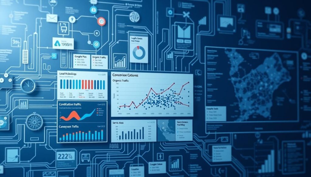 A crisp, detailed visualization of "Localized SEO Performance" showcasing an intricate web of interconnected metrics and data visualizations. In the foreground, a central dashboard displays key local SEO KPIs such as Google My Business insights, local rankings, and citation/review data. The middle ground features a scatter plot charting location-based organic traffic and conversion rates. In the background, a geographic heatmap illustrates concentration of leads and customers across the service area. The scene is lit by cool, directional lighting, capturing a sense of analytical precision and data-driven decision making. The overall mood is one of focused, data-driven local marketing strategy.