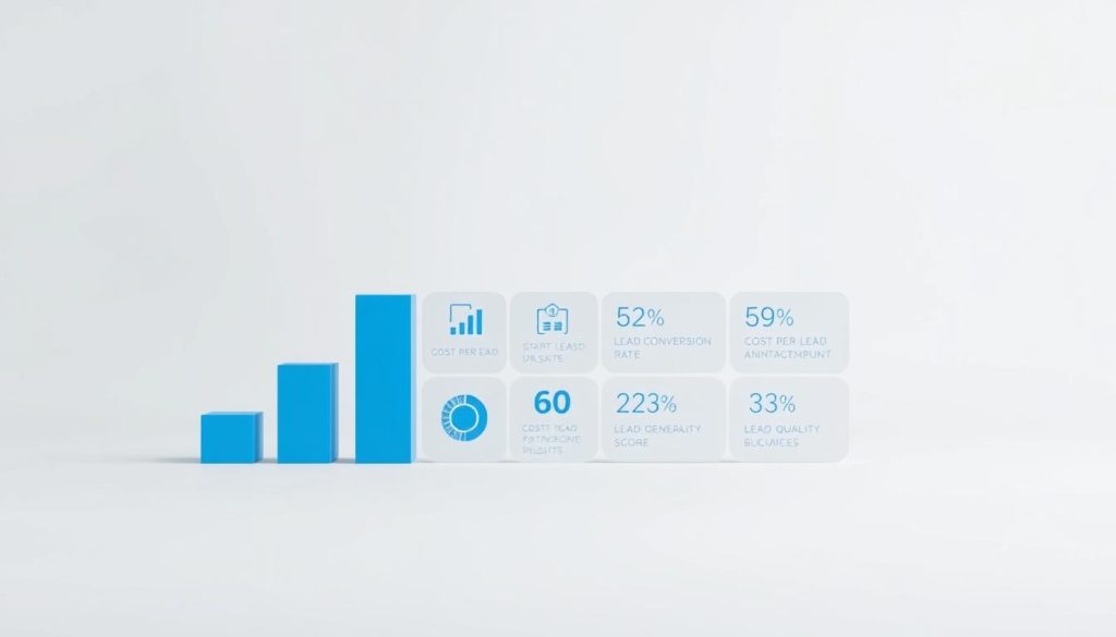 A crisp, minimalist infographic depicting the key performance indicators (KPIs) for lead generation. The foreground features clean, geometric shapes in shades of blue and gray, arranged in a balanced, grid-like layout. The middle ground showcases a series of icons and data visualizations, each representing a specific KPI such as lead conversion rate, cost per lead, and lead quality score. The background is a subtle, soft-focus gradient, providing a sense of depth and emphasizing the informational focus of the image. The overall aesthetic is modern, professional, and data-driven, with a clear and concise visual hierarchy that guides the viewer's attention. Lighting is even and diffused, creating a clear, uncluttered presentation of the lead generation KPIs.