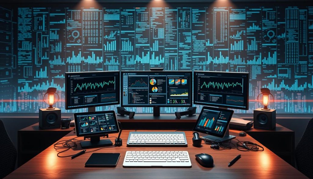 A data-driven content creation process, meticulously captured in a digital landscape. A central workstation, flanked by screens displaying analytics and insights, serves as the focal point. Surrounding this hub, an array of creative tools - from stylus-wielding tablets to keyboards and mice - suggest the iterative nature of content development. The environment exudes a sense of focus and precision, with soft, directional lighting casting a contemplative glow. In the background, a matrix of data streams and visualizations underscores the integration of real-time metrics into the creative workflow. The overall composition conveys the synergy between data-driven decision-making and the craft of content creation.