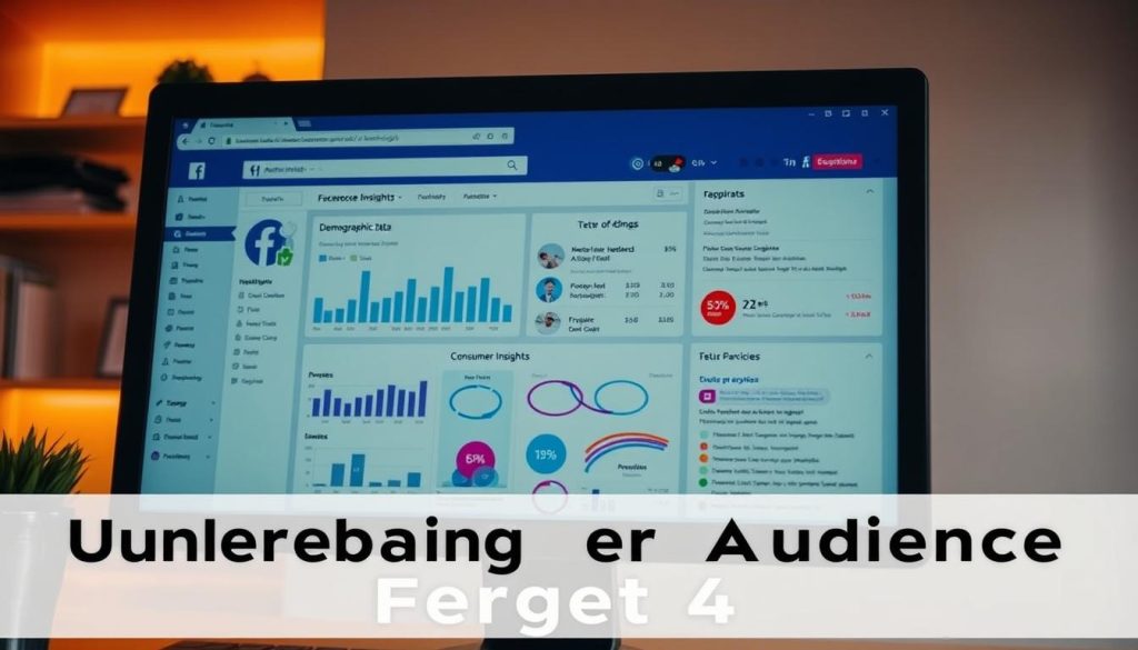 A desktop computer screen displaying the Facebook Audience Insights dashboard, illuminated by warm, soft lighting. The interface showcases detailed demographic data, audience segmentation, and consumer insights. The layout is clean and intuitive, with graphs, charts, and interactive elements. The background is blurred, keeping the focus on the screen's contents. The overall atmosphere conveys a sense of analytical depth and data-driven decision making, reflecting the subject of "Understanding Your Target Audience."