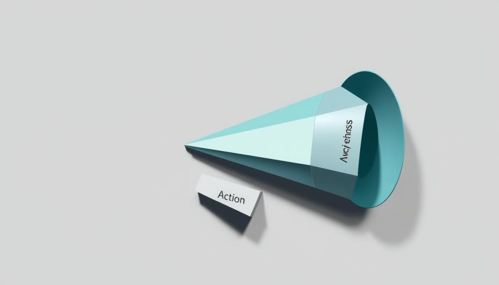A detailed, architectural diagram depicting a content marketing funnel in a clean, minimalist style. The funnel is composed of distinct, three-dimensional geometric shapes representing the stages of the customer journey - Awareness, Interest, Desire, and Action. The shapes are arranged in a clear, linear progression, casting soft shadows that add depth and dimension. The overall color palette is muted, using shades of gray, blue, and green to convey a sense of professionalism and authority. Subtle gradients and reflections imbue the image with a sense of sophistication. The lighting is soft and diffused, creating an elegant, high-quality aesthetic suitable for a thought leadership publication.
