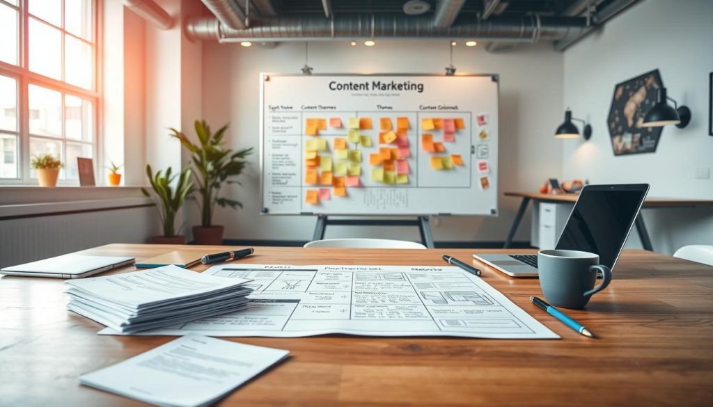 A detailed content marketing strategy blueprint laid out on a wooden desk, illuminated by warm overhead lighting and surrounded by office supplies. In the foreground, a stack of notes, a laptop, and a cup of coffee create a productive and focused atmosphere. The middle ground features a neatly organized whiteboard with colorful sticky notes outlining key components of the strategy, such as target audience, content themes, distribution channels, and metrics. The background showcases a modern office space with minimalist decor, large windows allowing natural light to flood the room, and a sense of professionalism and creativity.