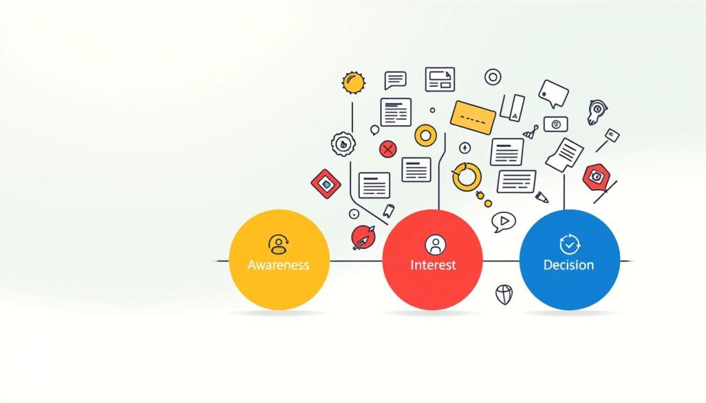 A detailed, high-quality illustration depicting the stages of content marketing, presented in a clean, minimalist style. In the foreground, a series of connected circles representing the buyer's journey - awareness, interest, consideration, and decision. Each stage is represented by a distinct icon or symbol, conveying the unique purpose and focus of that phase. The middle ground features various digital content assets - blog posts, social media posts, videos, infographics - arranged in a dynamic, well-balanced composition. The background showcases a subtle, soft-focus gradient, creating a sense of depth and emphasizing the digital, technology-driven nature of content marketing. The overall mood is one of precision, efficiency, and the power of strategic content to guide and nurture potential customers.