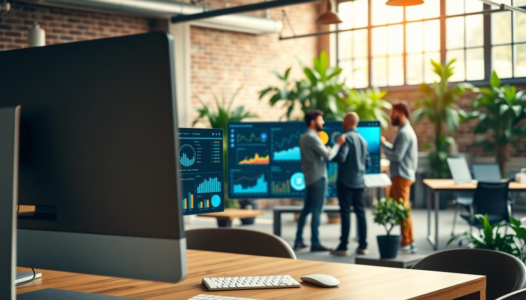 A detailed, high-resolution image of content marketing automation. In the foreground, a modern desktop computer with a minimalist design and a monitor displaying various analytics and marketing automation software interfaces. In the middle ground, a team of digital marketers collaborating around a large touchscreen dashboard, analyzing campaign performance metrics and adjusting content strategies in real-time. In the background, a bustling open-plan office space with exposed brick walls, natural lighting, and vibrant greenery, capturing the innovative and dynamic atmosphere of a successful content marketing agency. The scene is rendered with a cinematic depth of field, warm color tones, and subtle film grain to convey a sense of professionalism and technological sophistication.