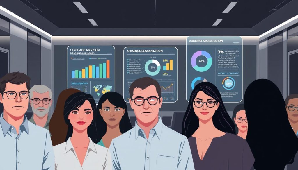 A detailed illustration of targeted financial advisor demographic insights. In the foreground, a diverse group of individuals representing different age, gender, and income levels, portrayed with a stylized, semi-realistic aesthetic. In the middle ground, data visualizations and infographics showcasing key audience segmentation insights, displayed on holographic panels. The background features a sleek, futuristic office setting with clean lines and muted tones, creating a sense of professionalism and authority. The lighting is soft and directional, highlighting the key elements of the scene. The overall mood is one of informed, data-driven decision making, emphasizing the importance of understanding the target audience for financial advisory services.