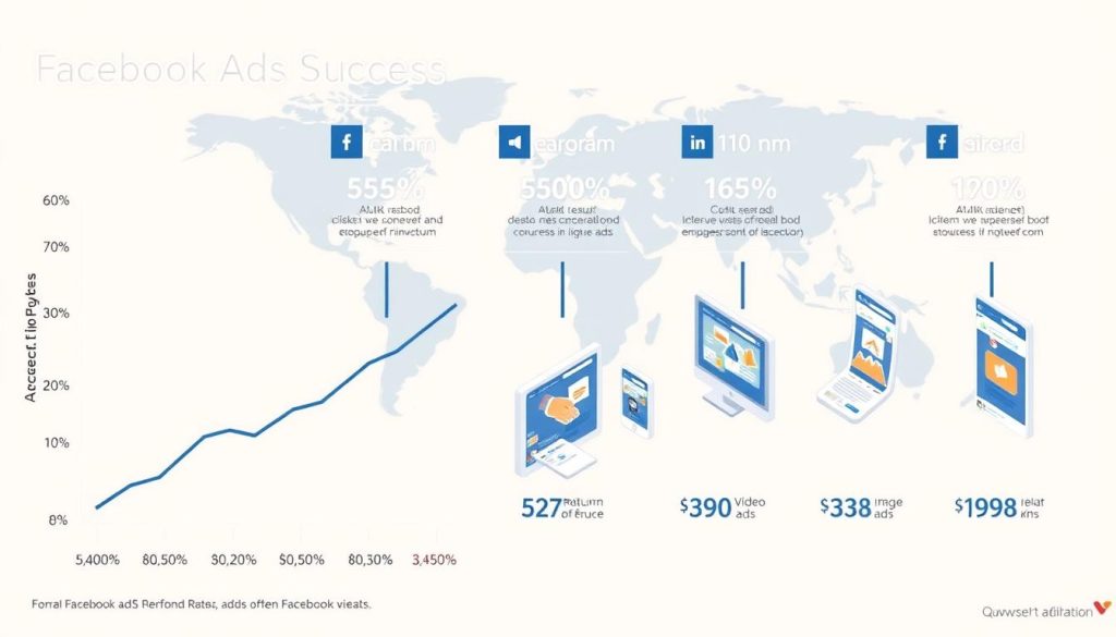 A detailed infographic depicting the success rates of Facebook ads. In the foreground, a stylized graph showcases data points representing average click-through rates, conversion rates, and return on investment for Facebook advertising campaigns. The middle ground features isometric representations of various Facebook ad formats, including carousel, video, and image ads, highlighting their individual performance metrics. In the background, a subtle world map backdrop emphasizes the global reach and impact of Facebook's advertising platform. The overall mood is data-driven and informative, with a clean, modern aesthetic and a focus on providing a clear, visually compelling overview of Facebook ads' success.