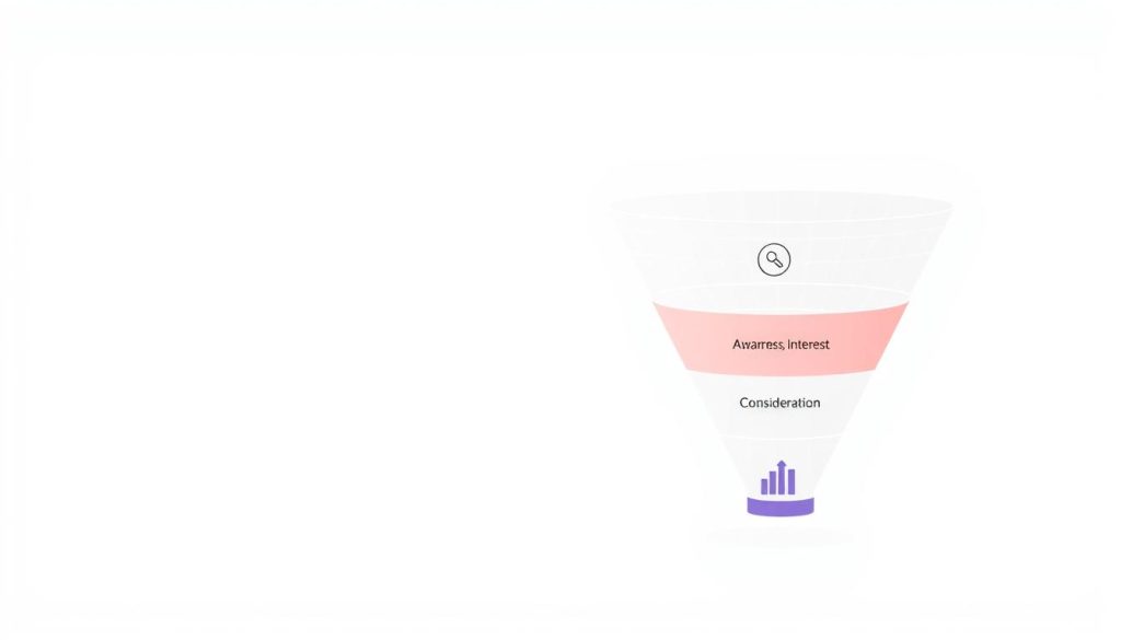 A detailed schematic diagram illustrating the stages of a content marketing funnel. The foreground depicts the funnel with distinct sections representing Awareness, Interest, Consideration, and Conversion. Each stage is visualized through minimalist iconography and simple geometric shapes. The middle ground features a clean, white background with subtle grid lines to convey a sense of structure and organization. The background has a soft, muted gradient that lends a professional, corporate aesthetic. The overall composition is sleek, modern, and visually appealing, emphasizing the logical flow of the content marketing process.