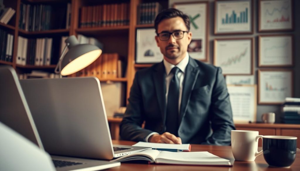 A detailed, well-lit financial advisory office setting. In the foreground, a desk with a laptop, pen, notebook, and a cup of coffee, representing the tools of the trade. In the middle ground, a professional-looking individual dressed in a suit, symbolizing the qualified lead - a prospective client with financial needs and the means to invest. The background features bookshelves, filing cabinets, and framed financial charts, conveying the depth of knowledge and expertise required to serve qualified leads in the financial advisory business. The overall mood is one of professionalism, focus, and the potential for a meaningful client-advisor relationship.