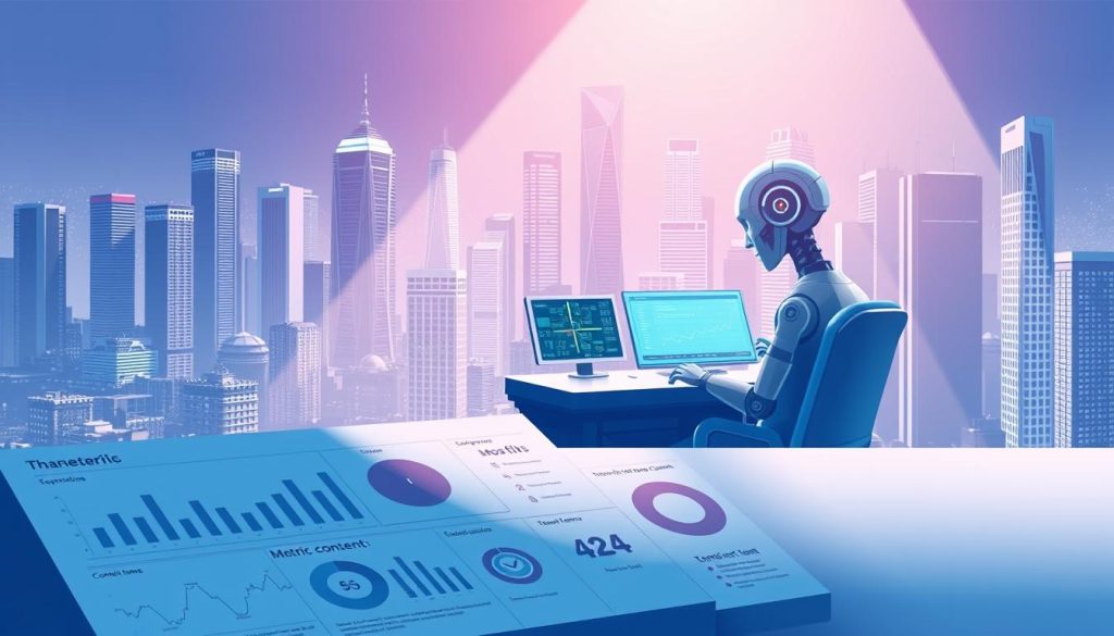 A digital illustration depicting an AI-powered content marketing strategy. In the foreground, a sleek, minimalist infographic showcases key metrics and insights, with data visualizations in a cool, futuristic color palette. In the middle ground, an AI assistant operates a complex command center, manipulating data and crafting content with precision. The background features a cityscape of gleaming skyscrapers, hinting at the scalability and reach of the AI-driven approach. Cinematic lighting casts dramatic shadows, creating a sense of power and innovation. The overall mood is one of sophistication, efficiency, and technological mastery applied to the art of content marketing.