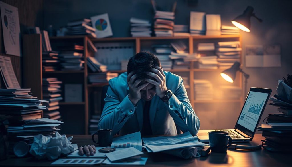 A dimly lit office space, with a cluttered desk and a laptop displaying various charts and graphs. In the foreground, a frustrated businessman rests his head in his hands, surrounded by crumpled papers and half-empty coffee mugs. The middle ground features shelves overflowing with marketing materials, while the background is hazy, suggesting the weight of the challenges ahead. Soft, warm lighting casts shadows across the scene, creating a mood of contemplation and unease. The overall atmosphere conveys the common struggles faced in content marketing, from producing engaging content to measuring its effectiveness.