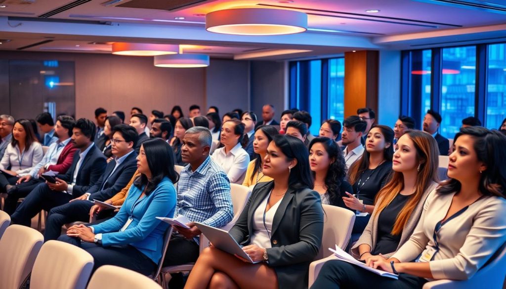 A diverse audience of professionals seated in a modern conference room, engaged in a webinar presentation. Vibrant lighting from overhead fixtures casts a warm glow, illuminating the faces of the attentive attendees. The room is spacious, with sleek, minimalist furniture and large windows providing a view of the cityscape beyond. The audience members, dressed in a mix of business casual and formal attire, lean forward with notebooks and laptops, taking notes and actively participating in the discussion. The mood is one of focus and anticipation, as the webinar delves into strategies for defining and reaching a target audience.