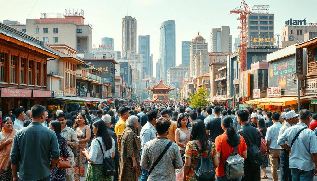 A diverse group of people from various cultures and backgrounds gather in a vibrant city square, representing the cultural nuances of localization. The foreground features individuals in traditional and modern attire, engaged in lively conversations and interactions. The middle ground showcases a range of architectural styles, reflecting the blend of local and global influences. In the background, a bustling cityscape with skyscrapers, street vendors, and urban transportation systems create a dynamic and visually compelling scene. The lighting is warm and natural, highlighting the diversity and energy of this multicultural hub. The overall atmosphere conveys a sense of inclusivity, adaptability, and the richness of cultural exchange.