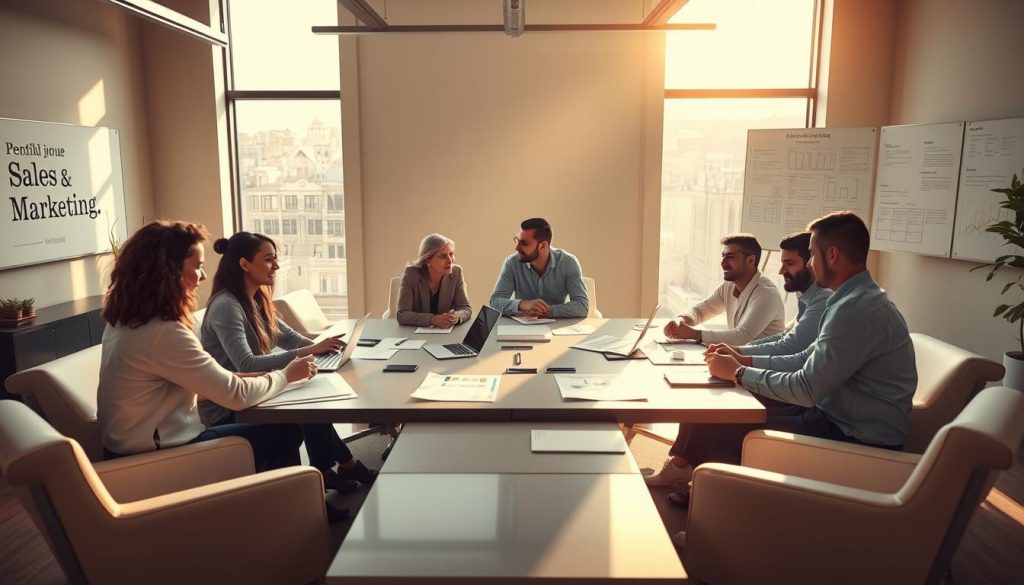 A dynamic and collaborative workspace where sales and marketing teams gather around a large conference table. The room is bathed in warm, natural lighting filtering through floor-to-ceiling windows, casting a soft glow on the sleek, modern furniture. On the table, digital devices and analytical reports lie scattered, showcasing the seamless flow of data and insights between the two departments. The walls are adorned with inspirational quotes and whiteboards filled with strategic plans, illustrating the aligned vision and shared goals. An atmosphere of focused discussion and creative problem-solving permeates the scene, reflecting the synergy between the sales and marketing professionals.